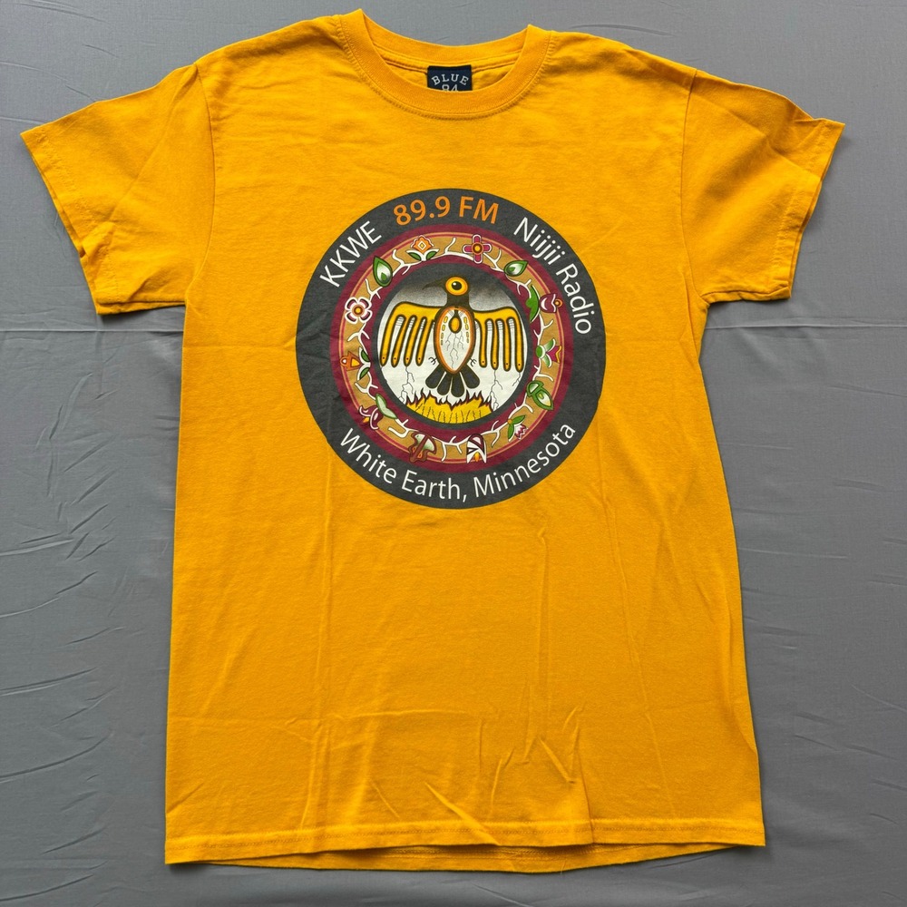 Blue 84 KKWE 89.9 FM Niijii Radio White Earth MN Thunderbird Shirt Small Yellow